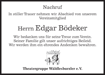 Traueranzeige von Edgar Bödeker von Kreiszeitung Böblinger Bote