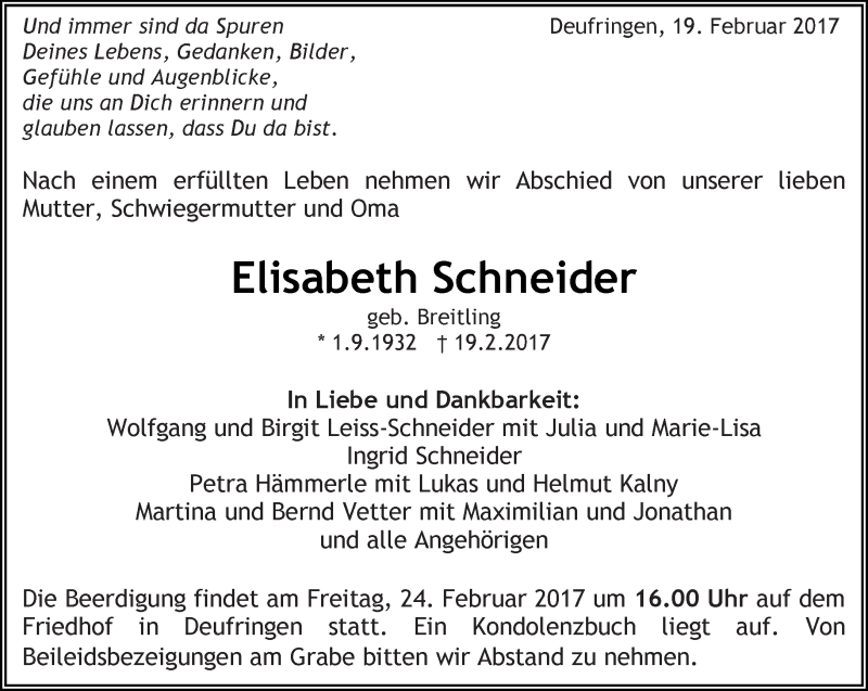  Traueranzeige für Elisabeth Schneider vom 22.02.2017 aus Kreiszeitung Böblinger Bote