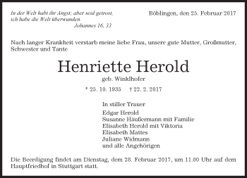 Traueranzeige von Henriette Herold von Kreiszeitung Böblinger Bote