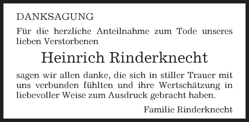  Traueranzeige für Heinrich Rinderknecht vom 09.02.2017 aus Kreiszeitung Böblinger Bote