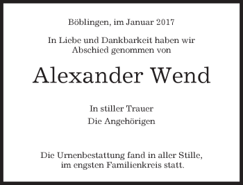 Traueranzeige von Alexander Wend von Kreiszeitung Böblinger Bote