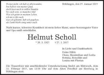 Traueranzeige von Helmut Scholl von Kreiszeitung Böblinger Bote
