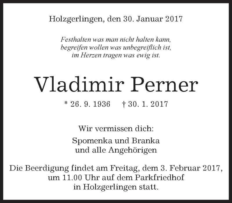  Traueranzeige für Vladimir Perner vom 03.02.2017 aus Kreiszeitung Böblinger Bote