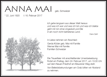 Traueranzeige von Anna Mai von Kreiszeitung Böblinger Bote
