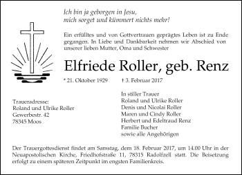 Traueranzeige von Elfriede Roller von Kreiszeitung Böblinger Bote