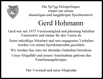 Traueranzeige von Gerd Hohmann von Kreiszeitung Böblinger Bote