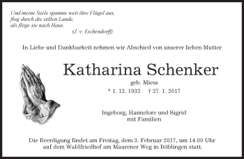 Traueranzeige von Katharina Schenker von Kreiszeitung Böblinger Bote
