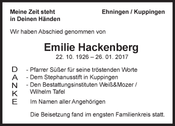 Traueranzeige von Emilie Hackenberg von Kreiszeitung Böblinger Bote