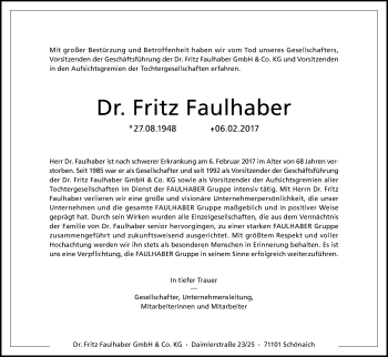 Traueranzeige von Fritz Faulhaber von Kreiszeitung Böblinger Bote