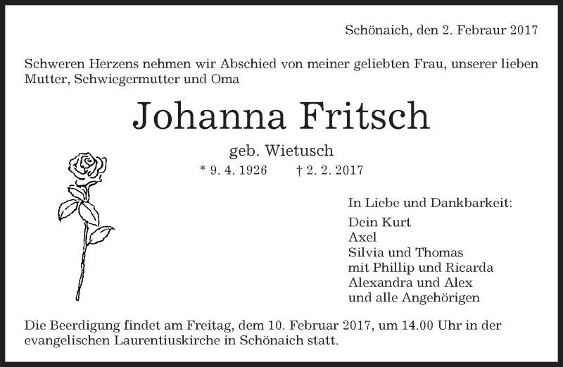  Traueranzeige für Johanna Fritsch vom 09.02.2017 aus Kreiszeitung Böblinger Bote