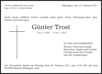 Traueranzeige von Günter Trost von Kreiszeitung Böblinger Bote