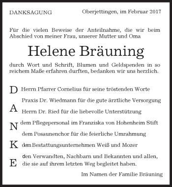 Traueranzeige von Helene Bräuning von Kreiszeitung Böblinger Bote