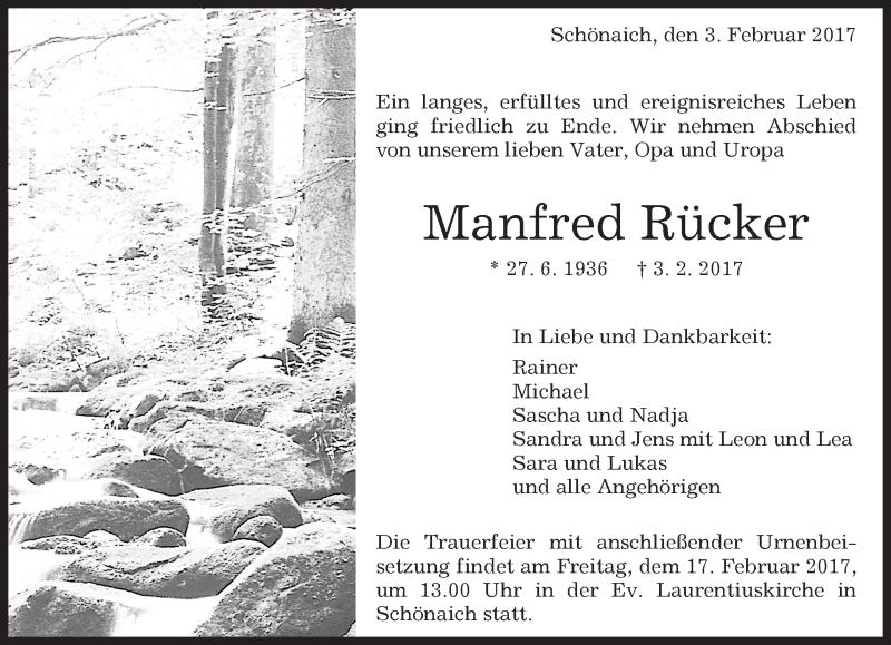  Traueranzeige für Manfred Rücker vom 09.02.2017 aus Kreiszeitung Böblinger Bote