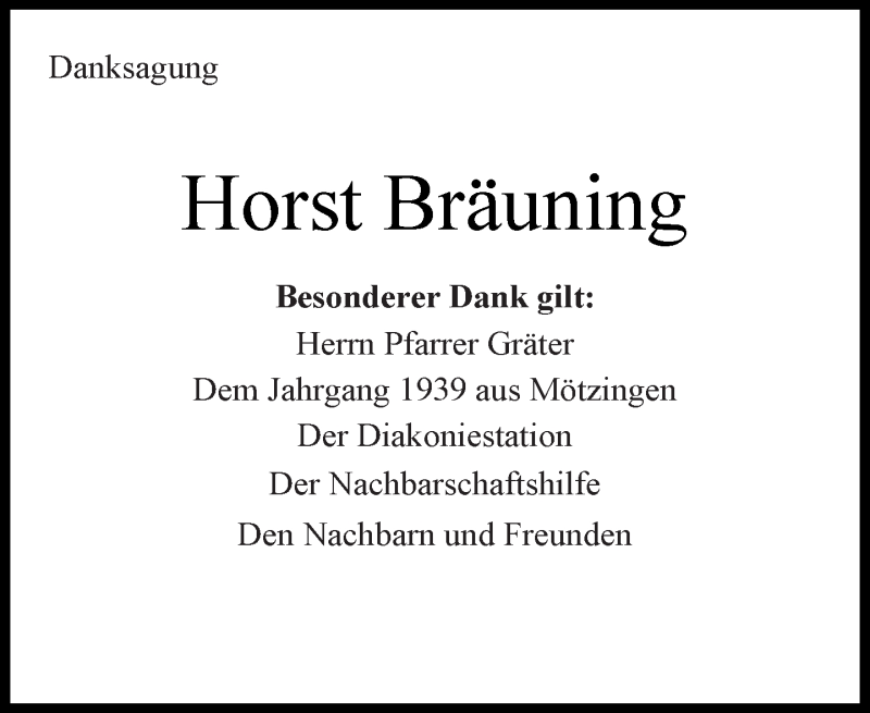  Traueranzeige für Horst Bräuning vom 16.02.2017 aus Kreiszeitung Böblinger Bote