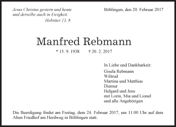 Traueranzeige von Manfred Rebmann von Kreiszeitung Böblinger Bote