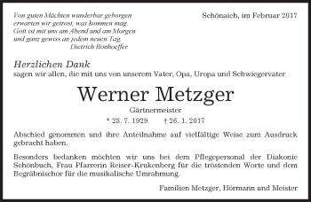 Traueranzeige von Werner Metzger von Kreiszeitung Böblinger Bote