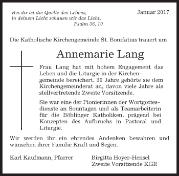 Traueranzeige von Anemarie Lang von Kreiszeitung Böblinger Bote
