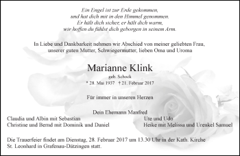 Traueranzeige von Marianne Klink von Kreiszeitung Böblinger Bote
