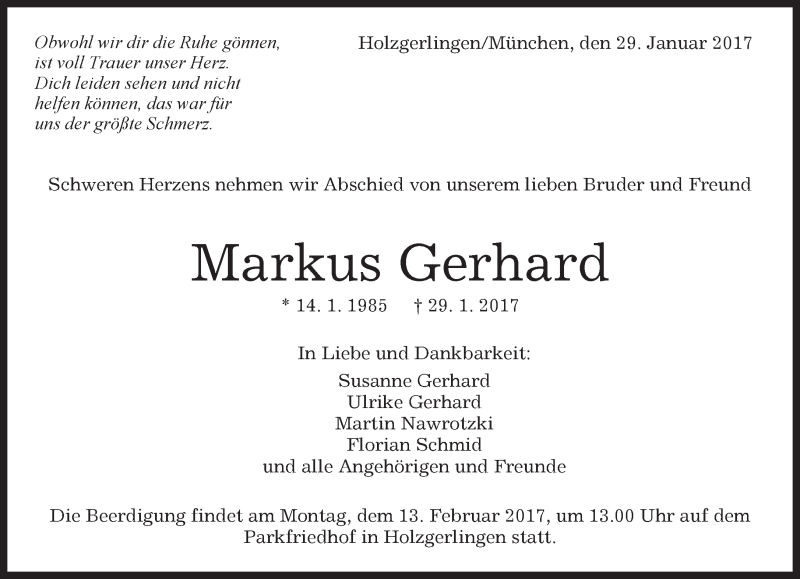  Traueranzeige für Markus Gerhard vom 08.02.2017 aus Kreiszeitung Böblinger Bote