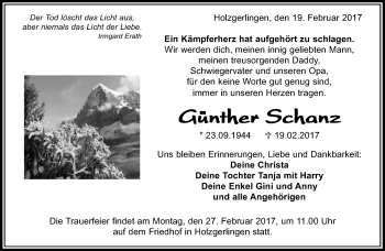 Traueranzeige von Ganther Schanz von Kreiszeitung Böblinger Bote