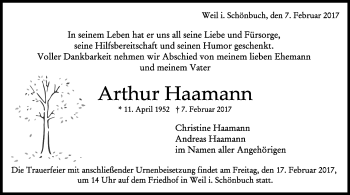 Traueranzeige von Arthur Haamann von Kreiszeitung Böblinger Bote