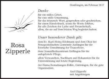 Traueranzeige von Rosa Zipperl von Kreiszeitung Böblinger Bote