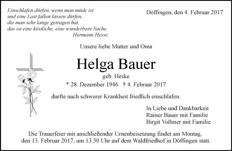  Traueranzeige für Helga Bauer vom 09.02.2017 aus Kreiszeitung Böblinger Bote