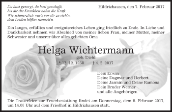 Traueranzeige von Helga Wichtermann von Kreiszeitung Böblinger Bote