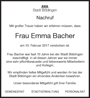 Traueranzeige von Emma Bacher von Kreiszeitung Böblinger Bote