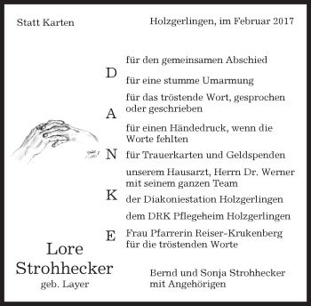 Traueranzeige von Lore Strohhecker von Kreiszeitung Böblinger Bote