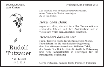 Traueranzeige von Rudolf Tutzauer von Kreiszeitung Böblinger Bote