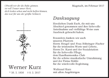 Traueranzeige von Werner Kurz von Kreiszeitung Böblinger Bote