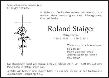 Traueranzeige von Roland Staiger von Kreiszeitung Böblinger Bote