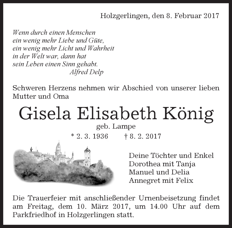  Traueranzeige für Gisela Elisabeth König vom 17.02.2017 aus Kreiszeitung Böblinger Bote
