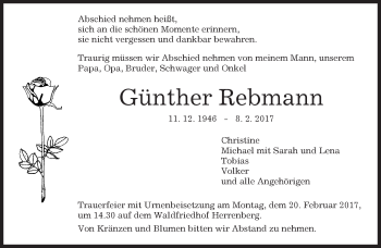 Traueranzeige von Günther Rebmann von Kreiszeitung Böblinger Bote