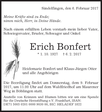 Traueranzeige von Erich Bonfert von Kreiszeitung Böblinger Bote