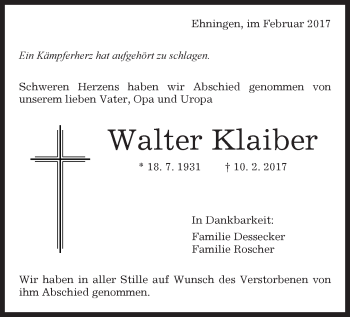 Traueranzeige von Walter Klaiber von Kreiszeitung Böblinger Bote