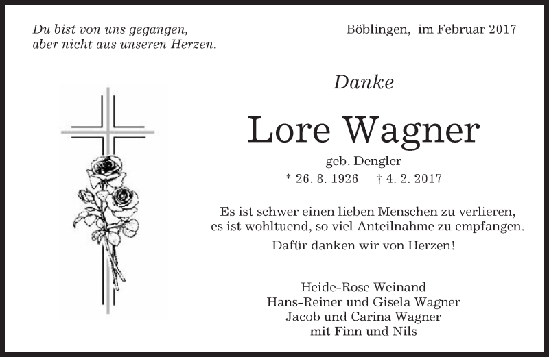  Traueranzeige für Lore Wagner vom 15.02.2017 aus Kreiszeitung Böblinger Bote