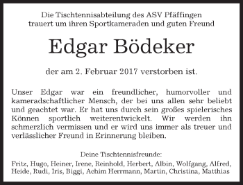 Traueranzeige von Edgar Bödeker von Kreiszeitung Böblinger Bote