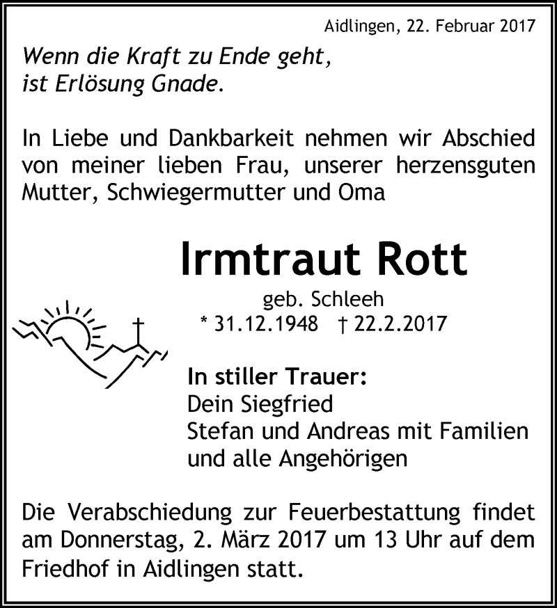  Traueranzeige für Irmtraut Rott vom 25.02.2017 aus Kreiszeitung Böblinger Bote