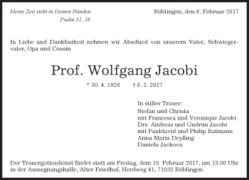 Traueranzeige von Wolfgang Jacobi von Kreiszeitung Böblinger Bote