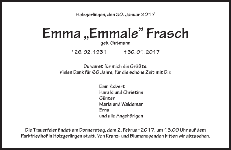  Traueranzeige für Emma Frasch vom 01.02.2017 aus Kreiszeitung Böblinger Bote
