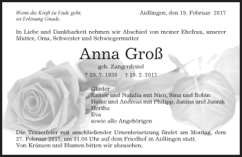 Traueranzeige von Anna Groß von Kreiszeitung Böblinger Bote