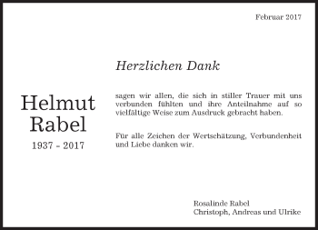 Traueranzeige von Helmut Rabel von Kreiszeitung Böblinger Bote