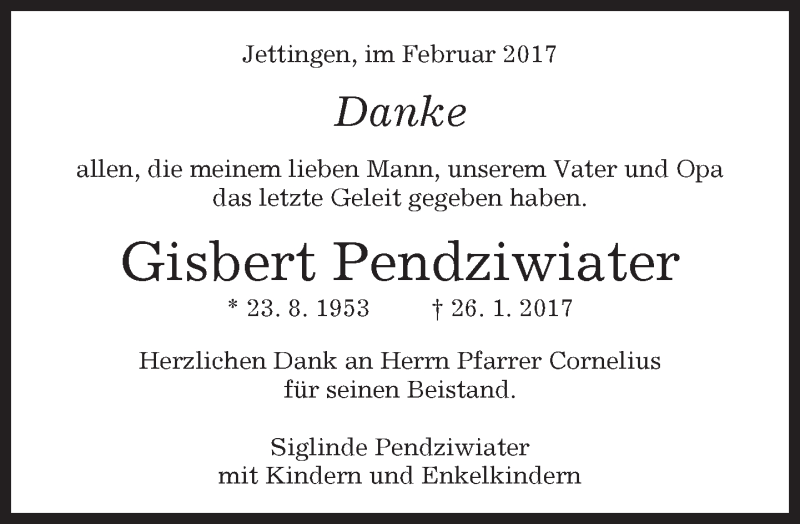  Traueranzeige für Gisbert Pendziwiater vom 16.02.2017 aus Kreiszeitung Böblinger Bote