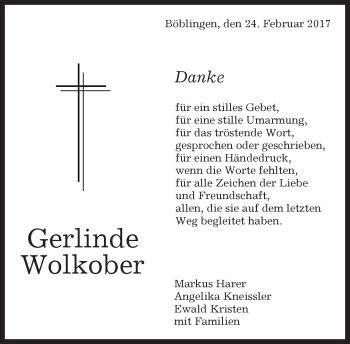 Traueranzeige von Gerlinde Wolkober von Kreiszeitung Böblinger Bote
