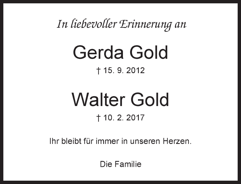  Traueranzeige für Gerda und Walter Gold vom 25.02.2017 aus Kreiszeitung Böblinger Bote