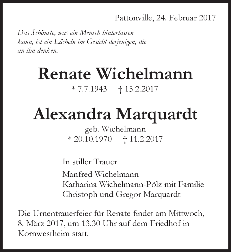  Traueranzeige für Renate und Alexandra  vom 23.02.2017 aus Kreiszeitung Böblinger Bote