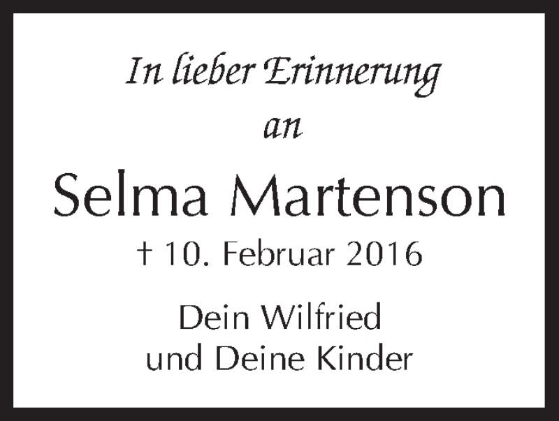  Traueranzeige für Selma Martenson vom 10.02.2017 aus Kreiszeitung Böblinger Bote