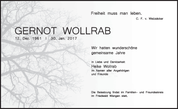 Traueranzeige von Gernot Wollrab von Kreiszeitung Böblinger Bote